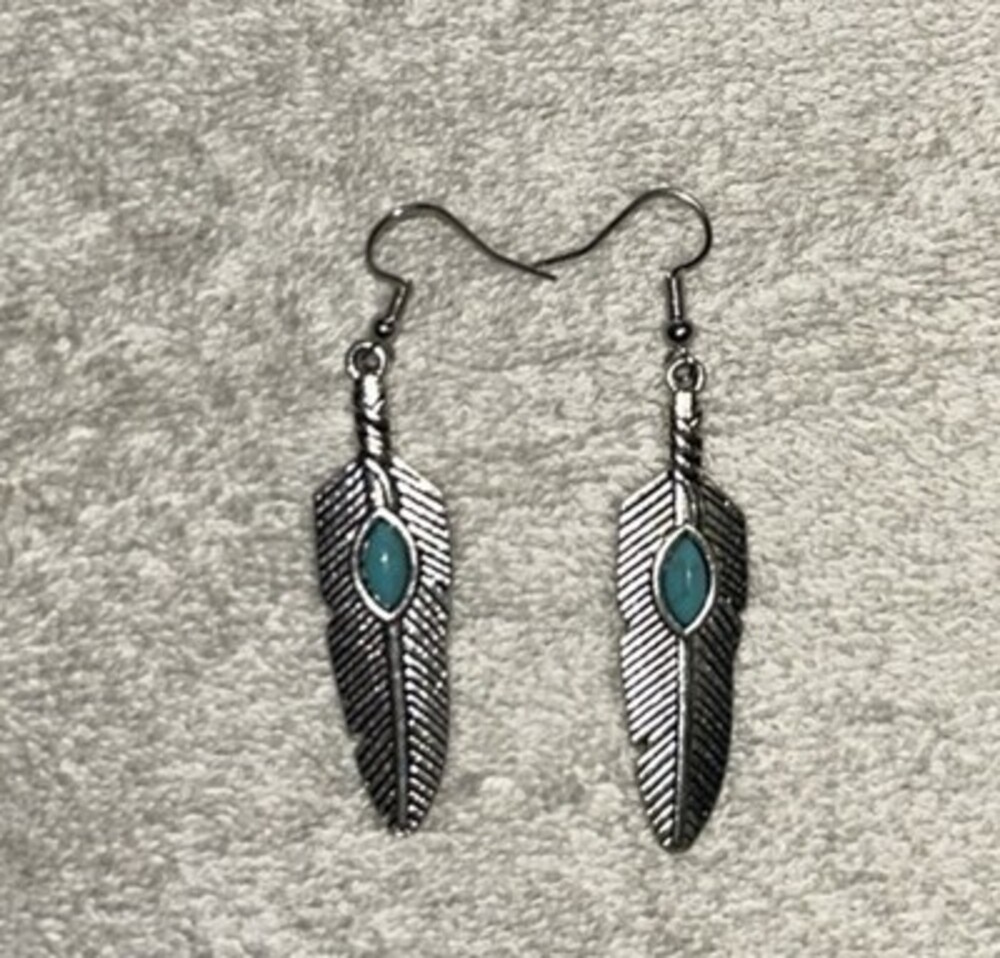 Western Boho Silver-Tone Turquoise Feather Dangle Earrings with
